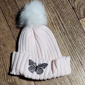 Charming Pink Knit Beanie with Butterfly Accent